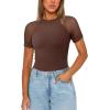 imageREORIA Womens Crew Neck Sheer Mesh Short Sleeve Bodysuits Comfy Double Lined Trendy Tank Top Body SuitsCoffee