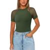 imageREORIA Womens Crew Neck Sheer Mesh Short Sleeve Bodysuits Comfy Double Lined Trendy Tank Top Body SuitsDark Green
