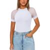 imageREORIA Womens Crew Neck Sheer Mesh Short Sleeve Bodysuits Comfy Double Lined Trendy Tank Top Body SuitsWhite