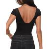 imageREORIA Womens Deep V Neck Bodysuit Double Lined Lace Bodysuit Short Sleeve Backless Top Sexy Going Out OutfitsBlack