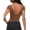 imageREORIA Womens Deep V Neck Bodysuit Double Lined Lace Bodysuit Short Sleeve Backless Top Sexy Going Out OutfitsCoffee