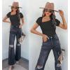 imageREORIA Womens Sexy Asymmetrical Neck Short Sleeve Ribbed Slimming Thong Bodysuit TopsBlack