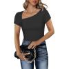 imageREORIA Womens Sexy Asymmetrical Neck Short Sleeve Ribbed Slimming Thong Bodysuit TopsBlack