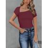 imageREORIA Womens Sexy Asymmetrical Neck Short Sleeve Ribbed Slimming Thong Bodysuit TopsBurgundy