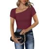 imageREORIA Womens Sexy Asymmetrical Neck Short Sleeve Ribbed Slimming Thong Bodysuit TopsBurgundy