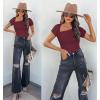 imageREORIA Womens Sexy Asymmetrical Neck Short Sleeve Ribbed Slimming Thong Bodysuit TopsBurgundy