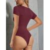 imageREORIA Womens Sexy Asymmetrical Neck Short Sleeve Ribbed Slimming Thong Bodysuit TopsBurgundy