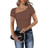 imageREORIA Womens Sexy Asymmetrical Neck Short Sleeve Ribbed Slimming Thong Bodysuit TopsCoffee
