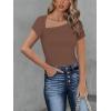 imageREORIA Womens Sexy Asymmetrical Neck Short Sleeve Ribbed Slimming Thong Bodysuit TopsCoffee