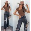 imageREORIA Womens Sexy Asymmetrical Neck Short Sleeve Ribbed Slimming Thong Bodysuit TopsCoffee