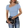 imageREORIA Womens Sexy Asymmetrical Neck Short Sleeve Ribbed Slimming Thong Bodysuit TopsLight Blue