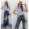 imageREORIA Womens Sexy Asymmetrical Neck Short Sleeve Ribbed Slimming Thong Bodysuit TopsLight Blue