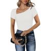imageREORIA Womens Sexy Asymmetrical Neck Short Sleeve Ribbed Slimming Thong Bodysuit TopsWhite
