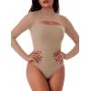 imageREORIA Womens Sexy Cutout Turtle Neck Long Sleeve Sheer Mesh Thong Bodysuits Tops Trendy Fall Going Out OutfitsKhaki