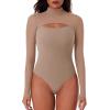 imageREORIA Womens Sexy Cutout Turtle Neck Long Sleeve Sheer Mesh Thong Bodysuits Tops Trendy Fall Going Out OutfitsKhaki