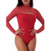imageREORIA Womens Sexy Cutout Turtle Neck Long Sleeve Sheer Mesh Thong Bodysuits Tops Trendy Fall Going Out OutfitsRed