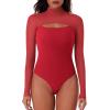 imageREORIA Womens Sexy Cutout Turtle Neck Long Sleeve Sheer Mesh Thong Bodysuits Tops Trendy Fall Going Out OutfitsRed