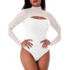 imageREORIA Womens Sexy Cutout Turtle Neck Long Sleeve Sheer Mesh Thong Bodysuits Tops Trendy Fall Going Out OutfitsWhite