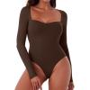 imageREORIA Womens Sexy Fall Long Sleeve Bodysuits Square Sweetheart Neck Body Suit Going Out Double Lined Thong TopDark Coffee