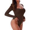imageREORIA Womens Sexy Fall Long Sleeve Bodysuits Square Sweetheart Neck Body Suit Going Out Double Lined Thong TopDark Coffee