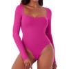 imageREORIA Womens Sexy Fall Long Sleeve Bodysuits Square Sweetheart Neck Body Suit Going Out Double Lined Thong TopNeon Rose Red