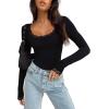 imageREORIA Womens Sexy Lace Scoop Neck Long Sleeve Double Lined Layering Slim Bodysuit TopsBlack