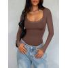 imageREORIA Womens Sexy Lace Scoop Neck Long Sleeve Double Lined Layering Slim Bodysuit TopsCoffee