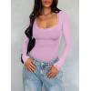 imageREORIA Womens Sexy Lace Scoop Neck Long Sleeve Double Lined Layering Slim Bodysuit TopsCoral Pink