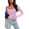imageREORIA Womens Sexy Lace Scoop Neck Long Sleeve Double Lined Layering Slim Bodysuit TopsCoral Pink
