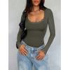 imageREORIA Womens Sexy Lace Scoop Neck Long Sleeve Double Lined Layering Slim Bodysuit TopsGrey