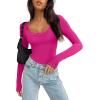 imageREORIA Womens Sexy Lace Scoop Neck Long Sleeve Double Lined Layering Slim Bodysuit TopsNeon Rose Red