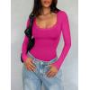 imageREORIA Womens Sexy Lace Scoop Neck Long Sleeve Double Lined Layering Slim Bodysuit TopsNeon Rose Red