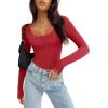 imageREORIA Womens Sexy Lace Scoop Neck Long Sleeve Double Lined Layering Slim Bodysuit TopsRed