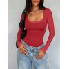 imageREORIA Womens Sexy Lace Scoop Neck Long Sleeve Double Lined Layering Slim Bodysuit TopsRed
