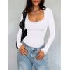 imageREORIA Womens Sexy Lace Scoop Neck Long Sleeve Double Lined Layering Slim Bodysuit TopsWhite