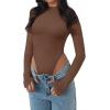 imageREORIA Womens Sexy Mock Turtleneck High Cut Double Lined Long Sleeve Slimming Bodysuits TopsCoffee
