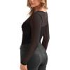 imageREORIA Womens Sexy Round Neck Long Sleeve Trendy Front Twist Knot Sheer Mesh Ruched Going Out Bodysuits TopsBlack