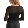 imageREORIA Womens Sexy Round Neck Long Sleeve Trendy Front Twist Knot Sheer Mesh Ruched Going Out Bodysuits TopsBlack