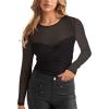 imageREORIA Womens Sexy Round Neck Long Sleeve Trendy Front Twist Knot Sheer Mesh Ruched Going Out Bodysuits TopsBlack