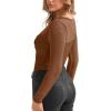 imageREORIA Womens Sexy Round Neck Long Sleeve Trendy Front Twist Knot Sheer Mesh Ruched Going Out Bodysuits TopsBrown