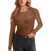 imageREORIA Womens Sexy Round Neck Long Sleeve Trendy Front Twist Knot Sheer Mesh Ruched Going Out Bodysuits TopsBrown