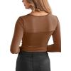 imageREORIA Womens Sexy Round Neck Long Sleeve Trendy Front Twist Knot Sheer Mesh Ruched Going Out Bodysuits TopsBrown