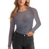 imageREORIA Womens Sexy Round Neck Long Sleeve Trendy Front Twist Knot Sheer Mesh Ruched Going Out Bodysuits TopsDeep Grey