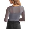 imageREORIA Womens Sexy Round Neck Long Sleeve Trendy Front Twist Knot Sheer Mesh Ruched Going Out Bodysuits TopsDeep Grey