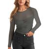 imageREORIA Womens Sexy Round Neck Long Sleeve Trendy Front Twist Knot Sheer Mesh Ruched Going Out Bodysuits TopsGrey Green