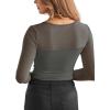 imageREORIA Womens Sexy Round Neck Long Sleeve Trendy Front Twist Knot Sheer Mesh Ruched Going Out Bodysuits TopsGrey Green