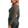 imageREORIA Womens Sexy Round Neck Long Sleeve Trendy Front Twist Knot Sheer Mesh Ruched Going Out Bodysuits TopsGrey Green