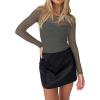 imageREORIA Womens Sexy Round Neck Long Sleeve Trendy Front Twist Knot Sheer Mesh Ruched Going Out Bodysuits TopsGrey Green