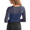 imageREORIA Womens Sexy Round Neck Long Sleeve Trendy Front Twist Knot Sheer Mesh Ruched Going Out Bodysuits TopsStarry Blue
