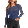 imageREORIA Womens Sexy Round Neck Long Sleeve Trendy Front Twist Knot Sheer Mesh Ruched Going Out Bodysuits TopsStarry Blue